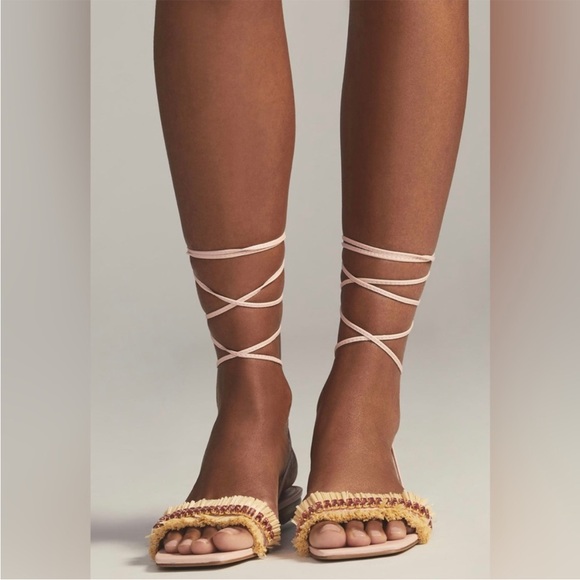 Anthropologie Jewel Embellished Tie Up Pink/Rose Raffia Square Toe Sandals Sz 40 - Picture 3 of 11